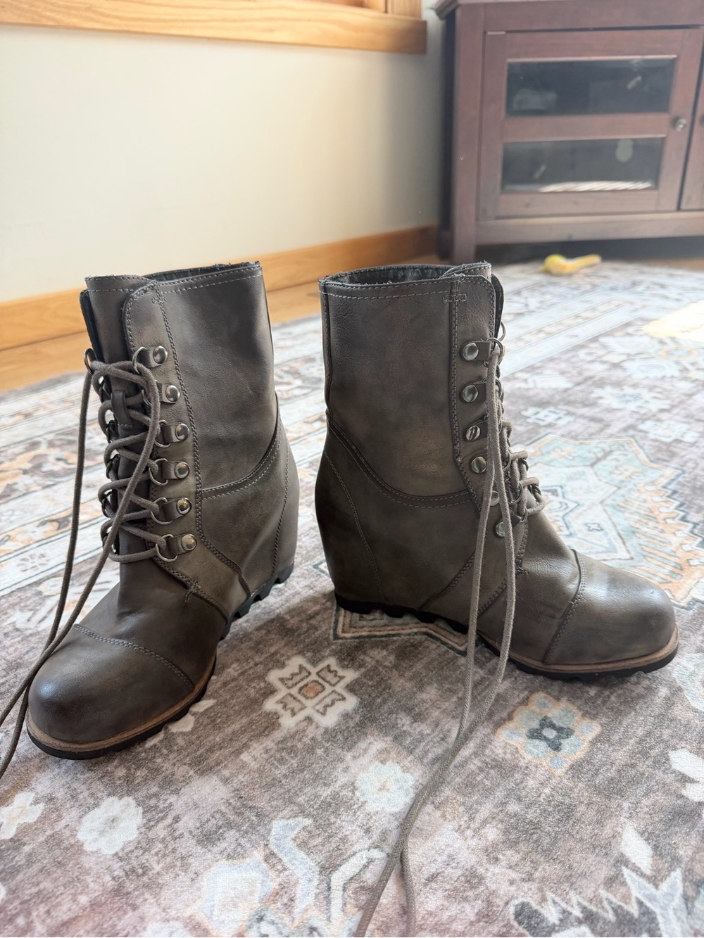 Merona Olive Gray Lace-Up Wedge Combat Boots
